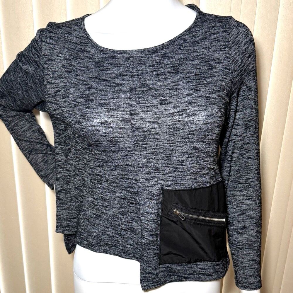 Sun Kim Top Womens XS Gray Black Marled Knit Zip Pocket Asymmetric Hem USA